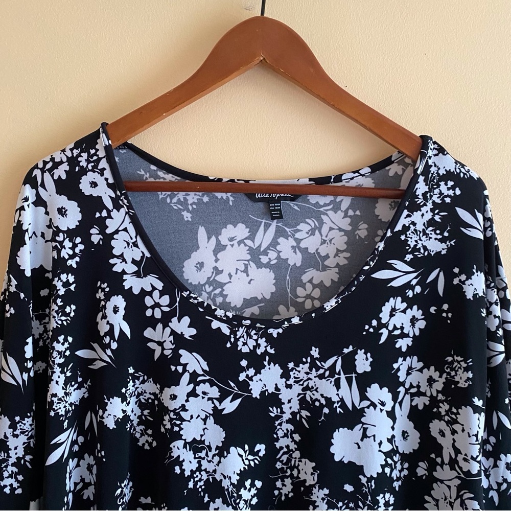 Ulla Popken Black White Floral Tunic Top Babydoll Pockets Plus Size 36/38 - Picture 5 of 12